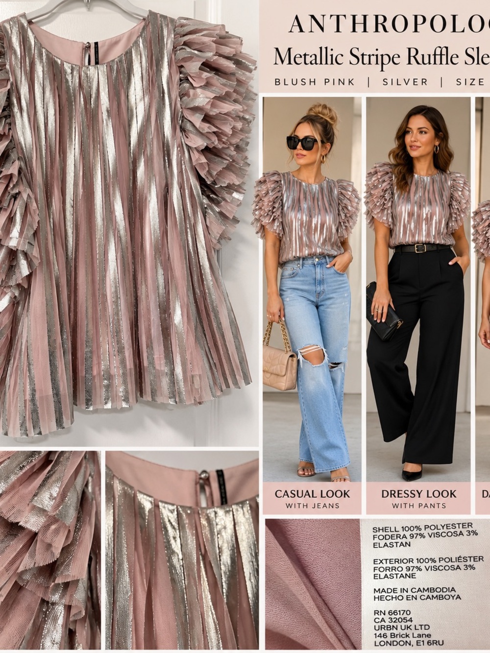 Anthropologie Blush Pink & Silver Metallic Stripe Ruffle Sleeve Top